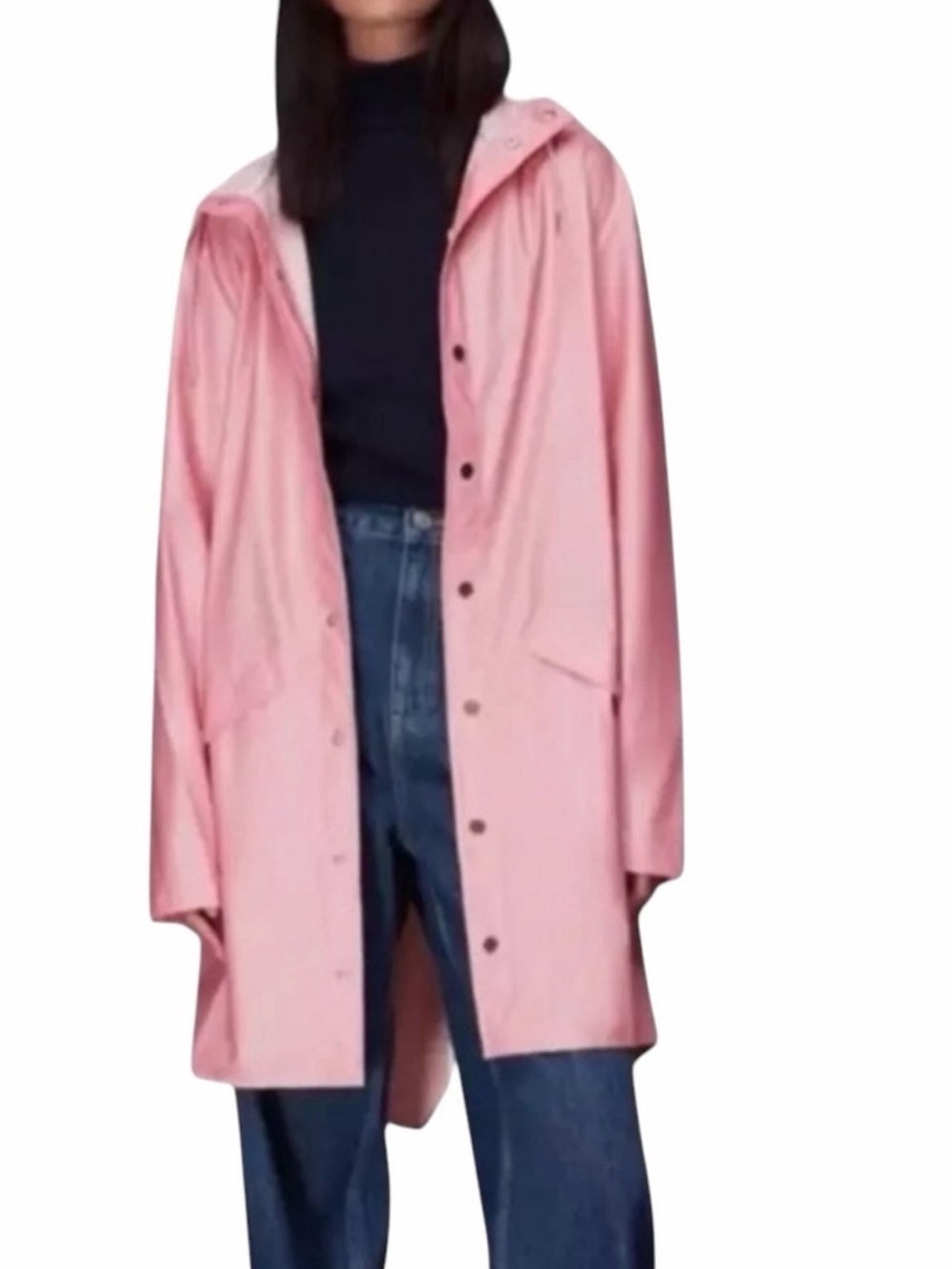 RAINS LONG RAIN JACKET TRENCH IN PINK SKY WITH HOOD UNISEX COASTAL CHIC SZ LARGE - Picture 2 of 13